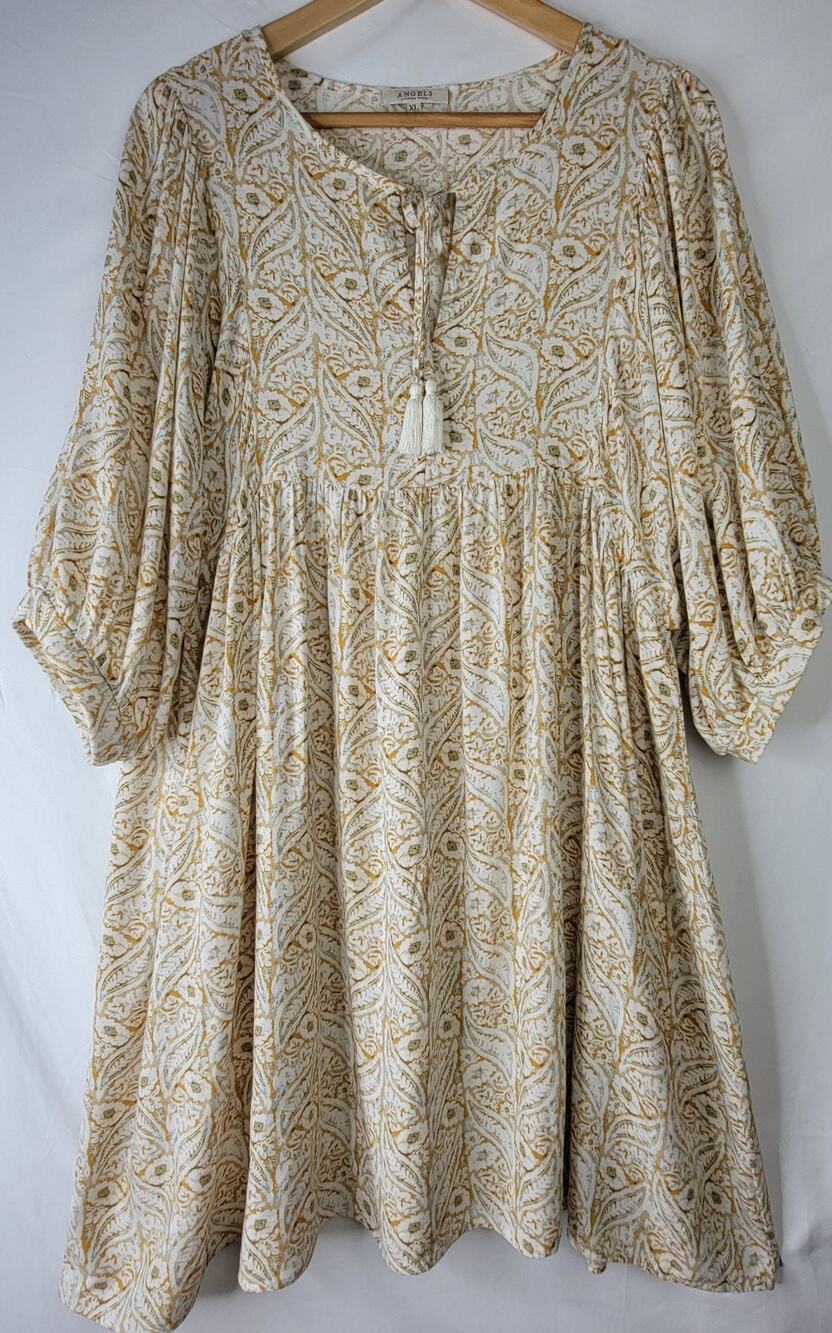 Bohemian XL Babydoll Dress Balloon Sleeve Yellow Floral Tassle Festival Western